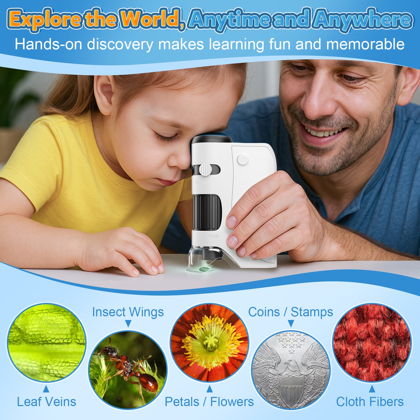QUNSE Pocket Microscope for Kids and Students with Achromatic Lens, LED and UV Light, Portable Handheld Microscope Kit with 5 Slides, Carrying Bag (White)
