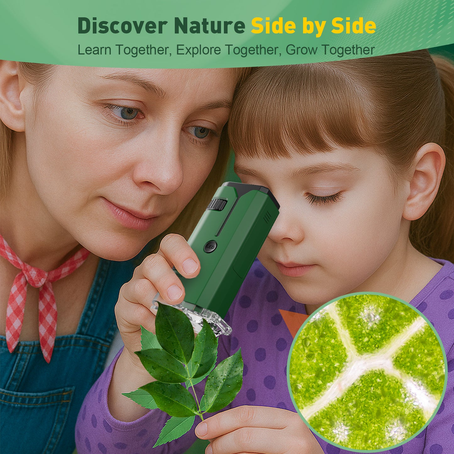 QUNSE Pocket Microscope for Kids and Students, 100x–250x Portable Handheld with LED and UV, Semi-Apochromatic Optics, Phone Adapter and Prepared Slides, Green