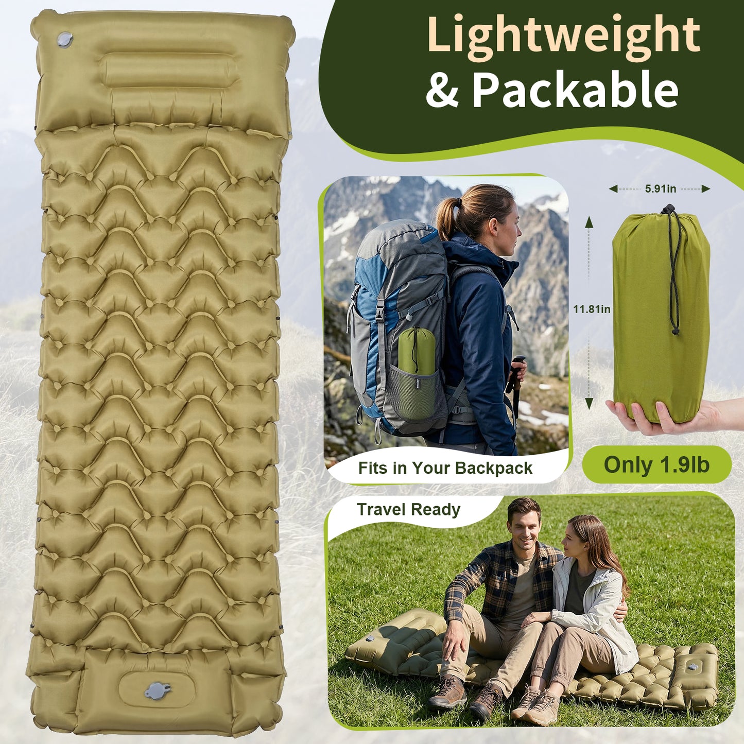 QUNSE Camping Sleeping Pad 5.91" Thick, Extra Wide Inflatable Sleeping Mat with Built-in Pillow & Foot Pump, Supports up to 400lb, Lightweight and Durable for Backpacking, Hiking, Car Camping