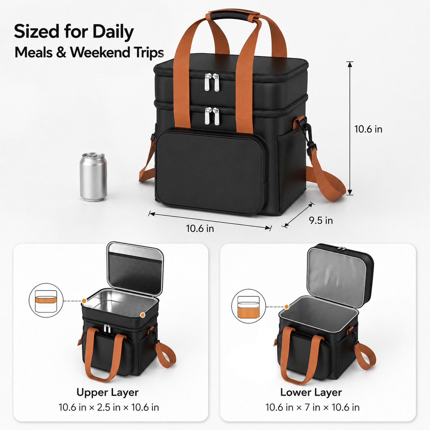 QUNSE Cooler Bag, 17L Dual-Layer Insulated Lunch Bag with Leakproof PEVA Lining, Soft Cooler Bag with Shoulder Strap for Lunch Box, Work, Picnic, Camping, Beach, Road Trip, Black