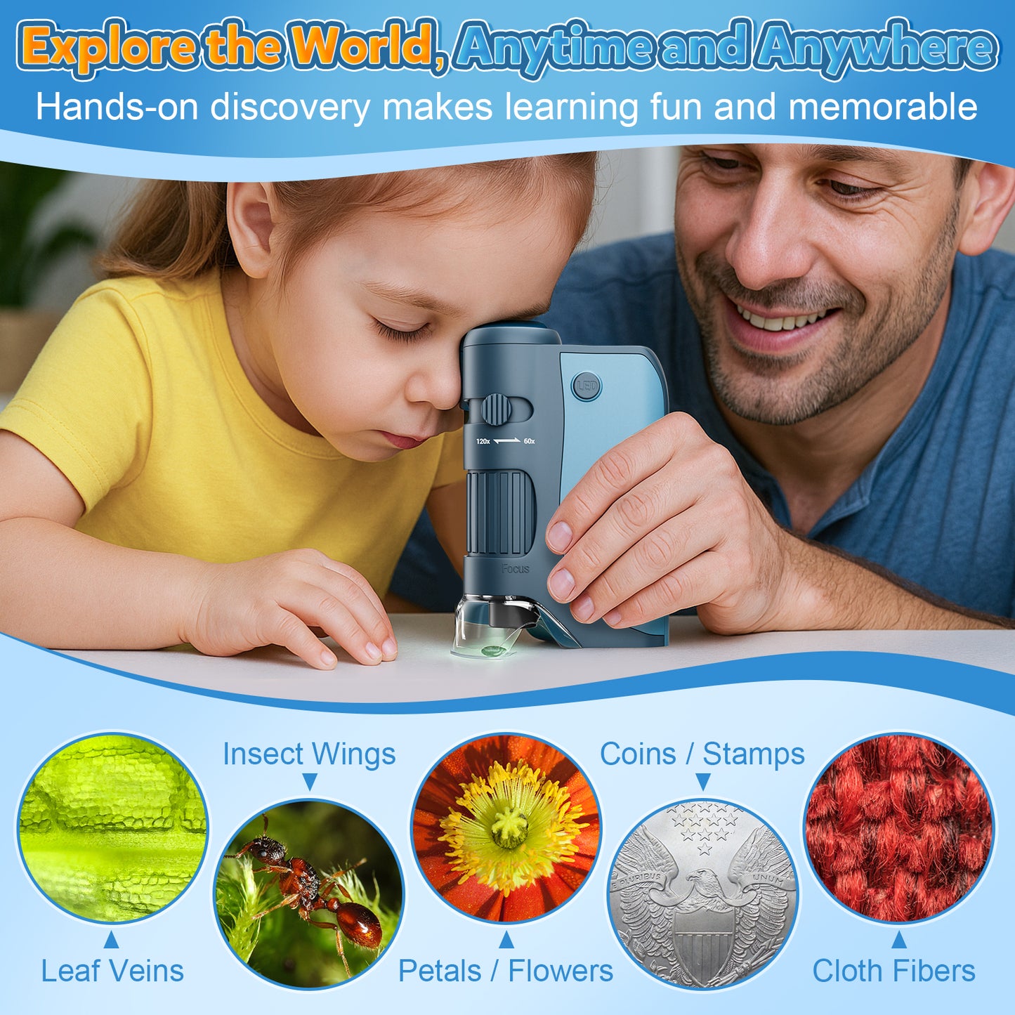 QUNSE Pocket Microscope 60X–120X True Optical, Achromatic Lens, LED and UV Light, Portable Handheld Kids Microscope for Students with 5 Prepared Slides, Phone Adapter, Carrying Bag (Blue)