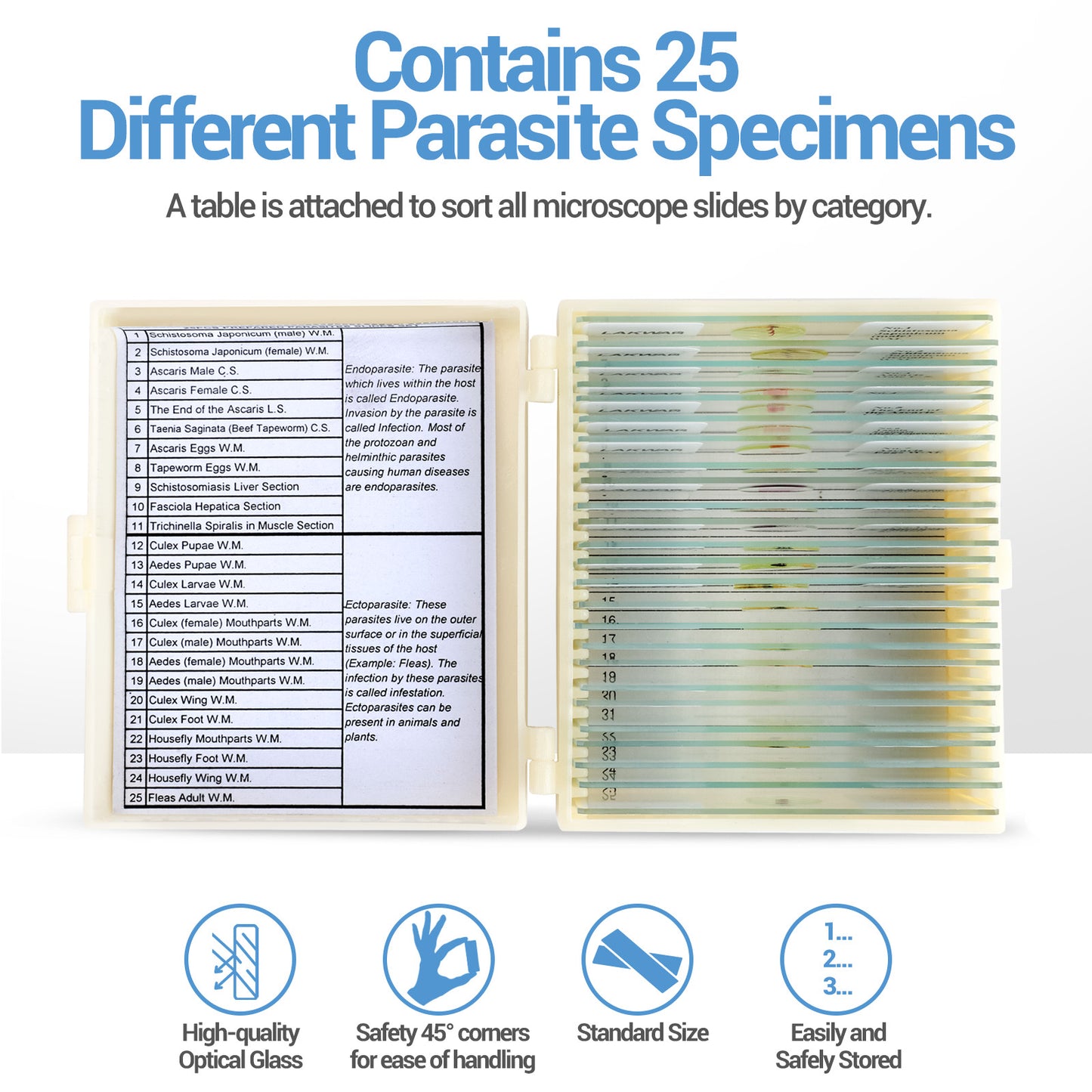 QUNSE Prepared Microscope Slides Kit for Kids and Adults, 25 Specimens Educational Science Set and Toy Gift for Students, Children, and Home School Use