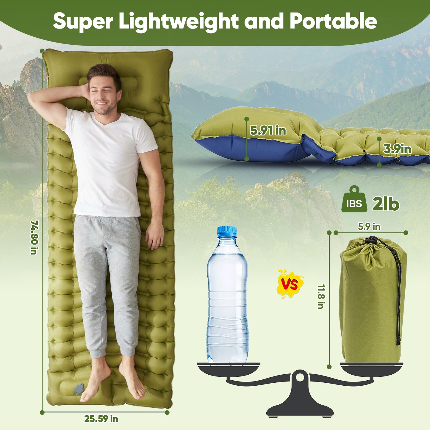NOCOEX Sleeping Pad for Camping with Built-in Foot Pump & 5.9" Pillow - Leakproof, Inflatable Camping Mattress for Backpacking, Hiking, Traveling