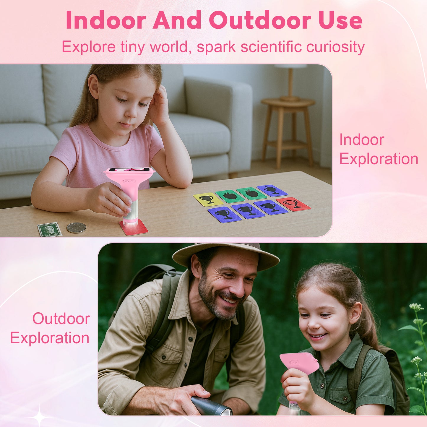 QUNSE 3-Inch IPS Screen 1000X Digital Microscope for Kids, Photo and Video Function, 8 LED Lights, Rechargeable Handheld Pocket Microscope, Compatible with Windows and Mac (Pink Gray)