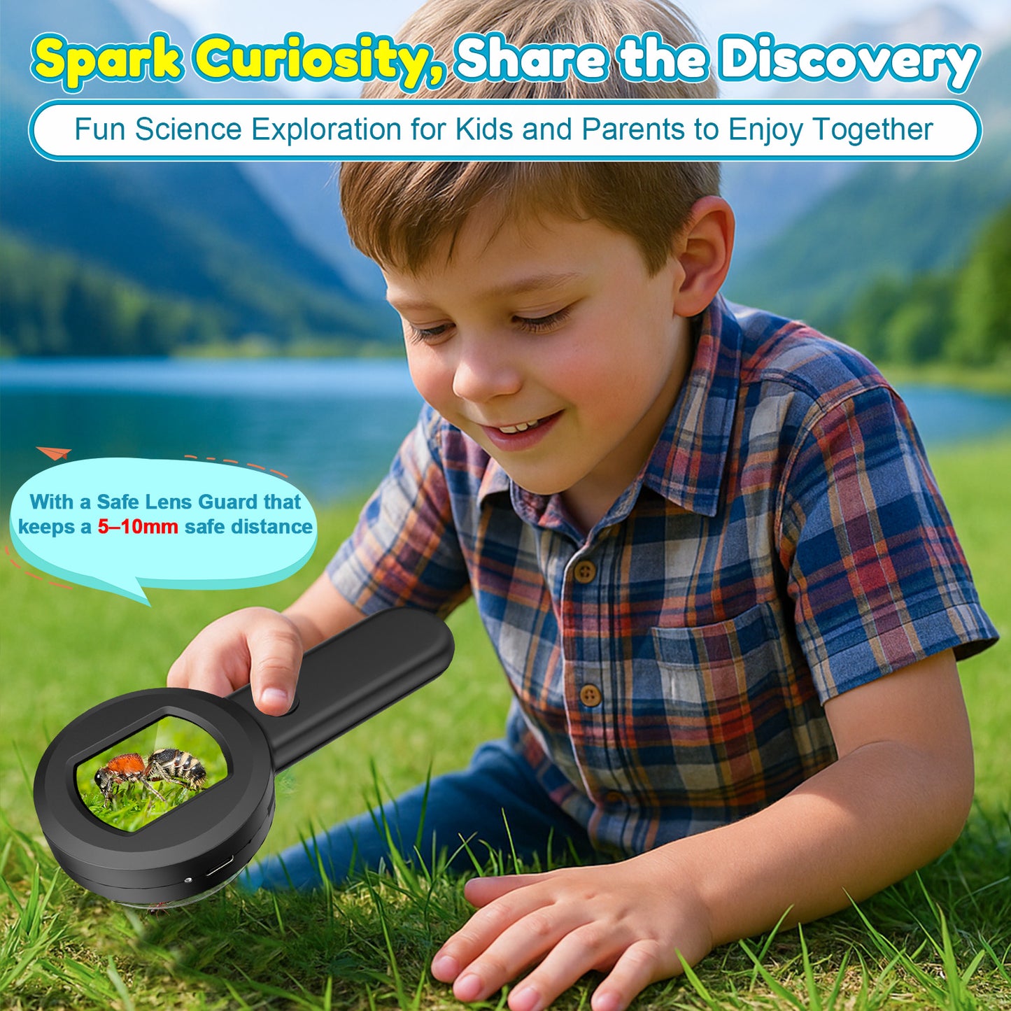 QUNSE 100X - 400X Digital Microscope for Kids, 2.0" IPS Display Handheld Science Tool with 8 LED Lights and 16MP Camera, Rechargeable Pocket Microscope, Black