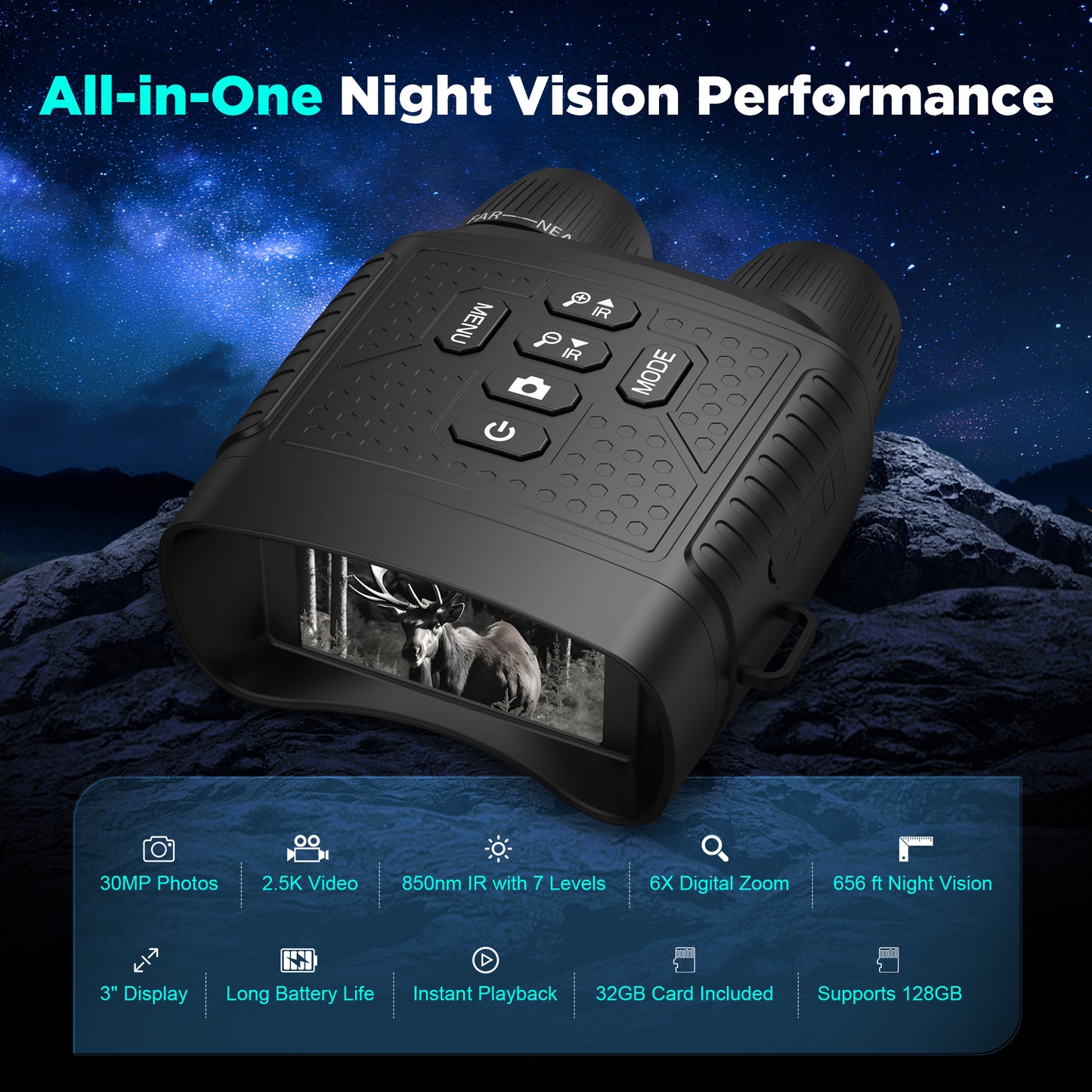 QUNSE Night Vision Goggles for Adults, 30MP 2.5K Night Vision Binoculars with 656FT Range, 7-Level IR, 6X Zoom, 3" HD Screen, Rechargeable for Hunting, Camping & Security