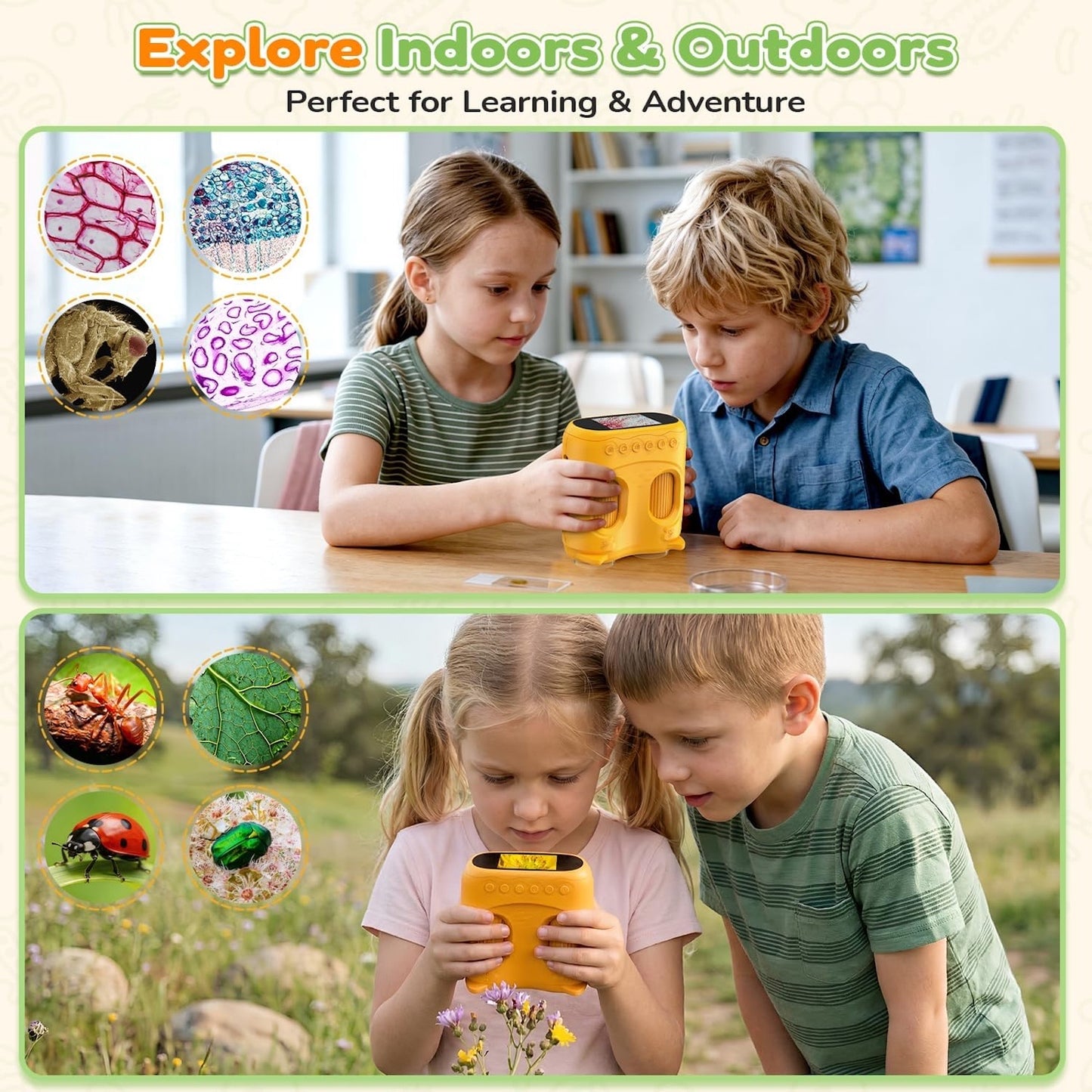 QUNSE Binoculars for Kids with 2.0" IPS Screen, 2-in-1 Digital Binoculars and Microscope with 2MP Camera, 8 LED Lights, Photo Video, 15 Slides, Rechargeable STEM Toy for Outdoor Exploration
