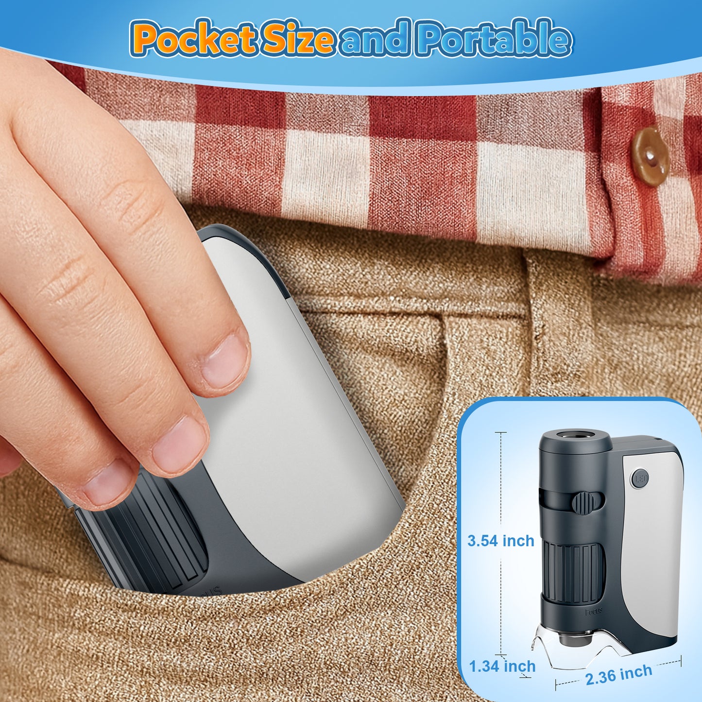 QUNSE Pocket Microscope for Kids and Students with Achromatic Lens, LED and UV Light, Portable Handheld Microscope Kit with 5 Prepared Slides, Carrying Bag, Gift Set (Gray)