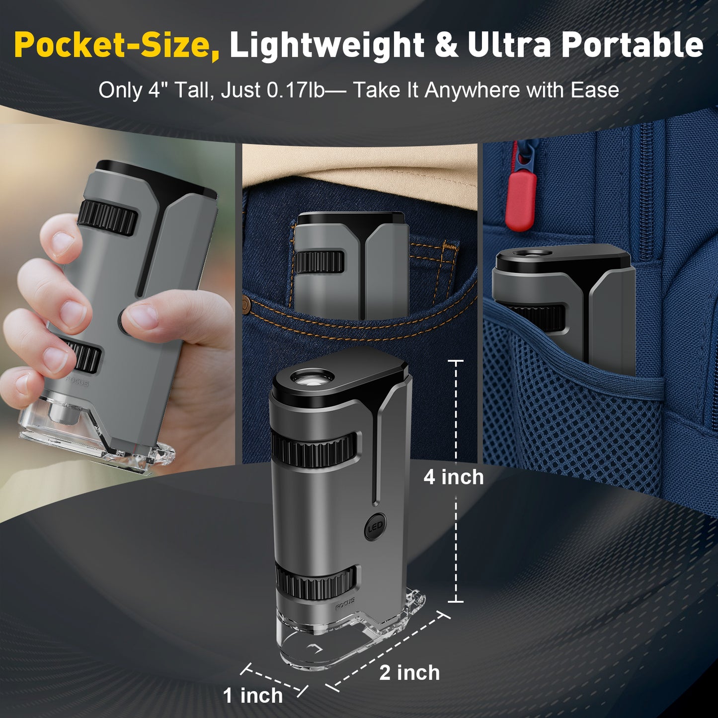 QUNSE STEM Pocket Microscope 100x–250x for Kids, Portable Handheld with LED and UV Light, Phone Adapter, 5 Slides, EVA Carry Case, Grey