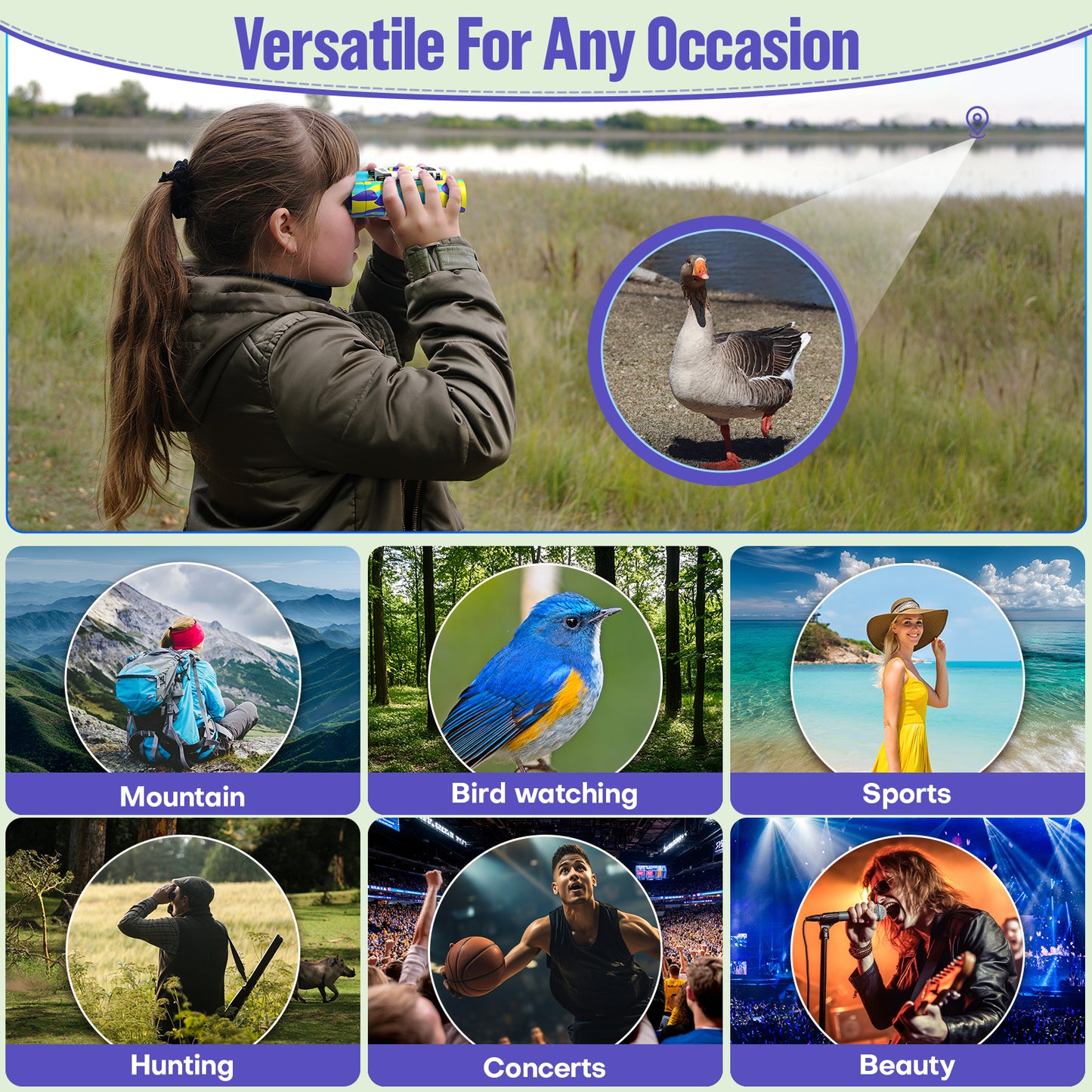 QUNSE 8×21 Compact Binoculars for Kids and Adults, Pocket Mini Binoculars, Ideal for Bird Watching, Travel, and Hunting, Great Gift for Boys and Girls (Yellow and blue)