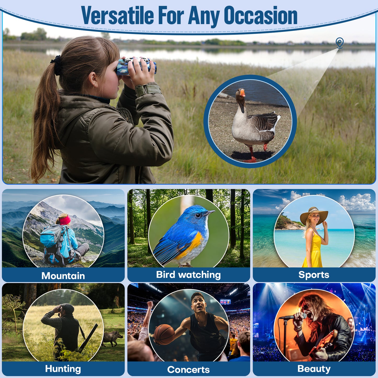QUNSE 8×21 Mini Pocket Binoculars, Compact Binoculars for Kids and Adults, Ideal for Bird Watching, Travel, and Hunting, Great Gift for Boys and Girls (Blue and white)