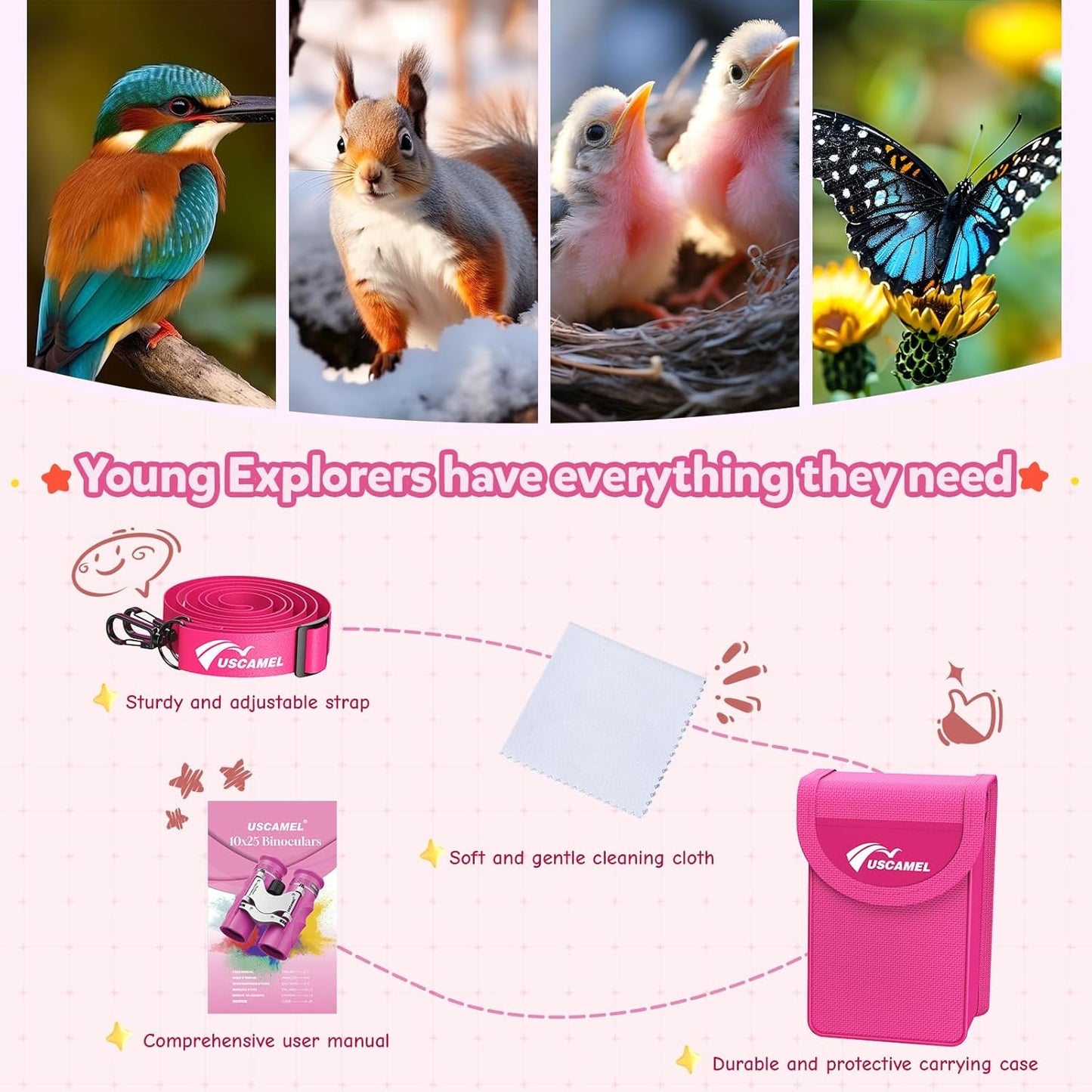 QUNSE 10x25 HD Waterproof Binoculars for Adults and Kids, Compact Travel Binoculars with BAK-4 Prism, Fully Multi-Coated Optics, Low Light Vision, Bird Watching, Hunting, Travel, Sightseeing (Pink)