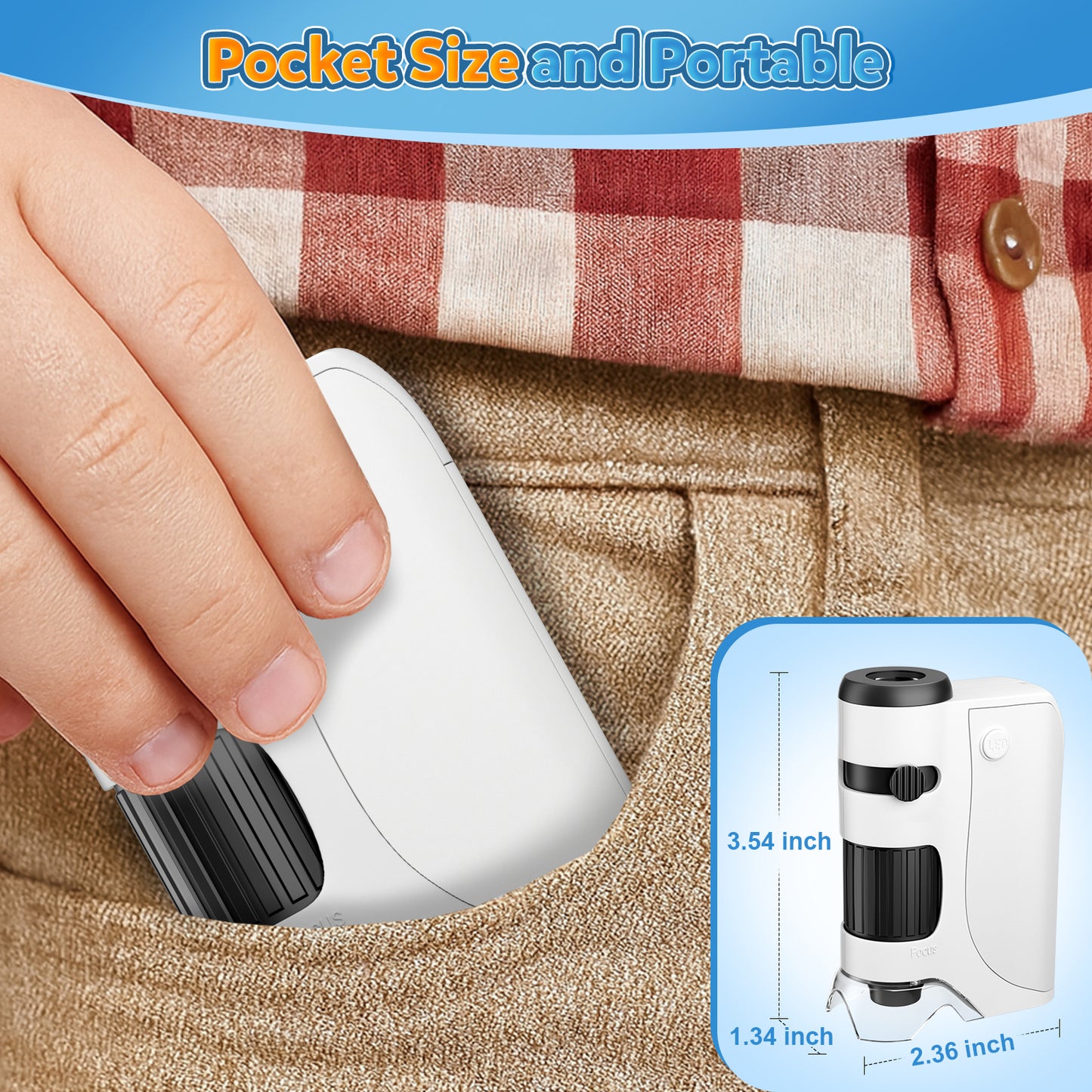 QUNSE Pocket Microscope for Kids and Students with Achromatic Lens, LED and UV Light, Portable Handheld Microscope Kit with 5 Slides, Carrying Bag (White)