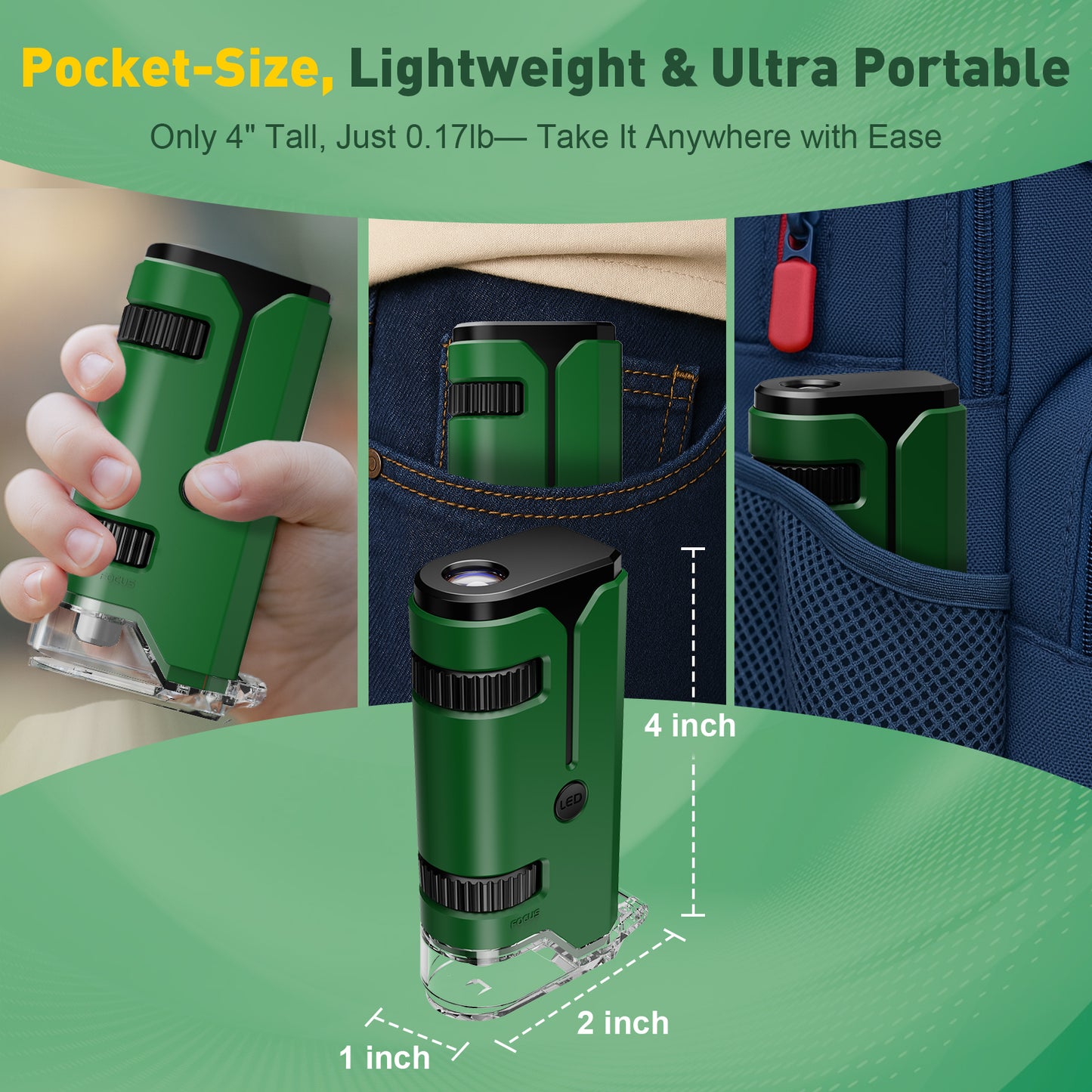 QUNSE Pocket Microscope for Kids and Students, 100x–250x Portable Handheld with LED and UV, Semi-Apochromatic Optics, Phone Adapter and Prepared Slides, Green