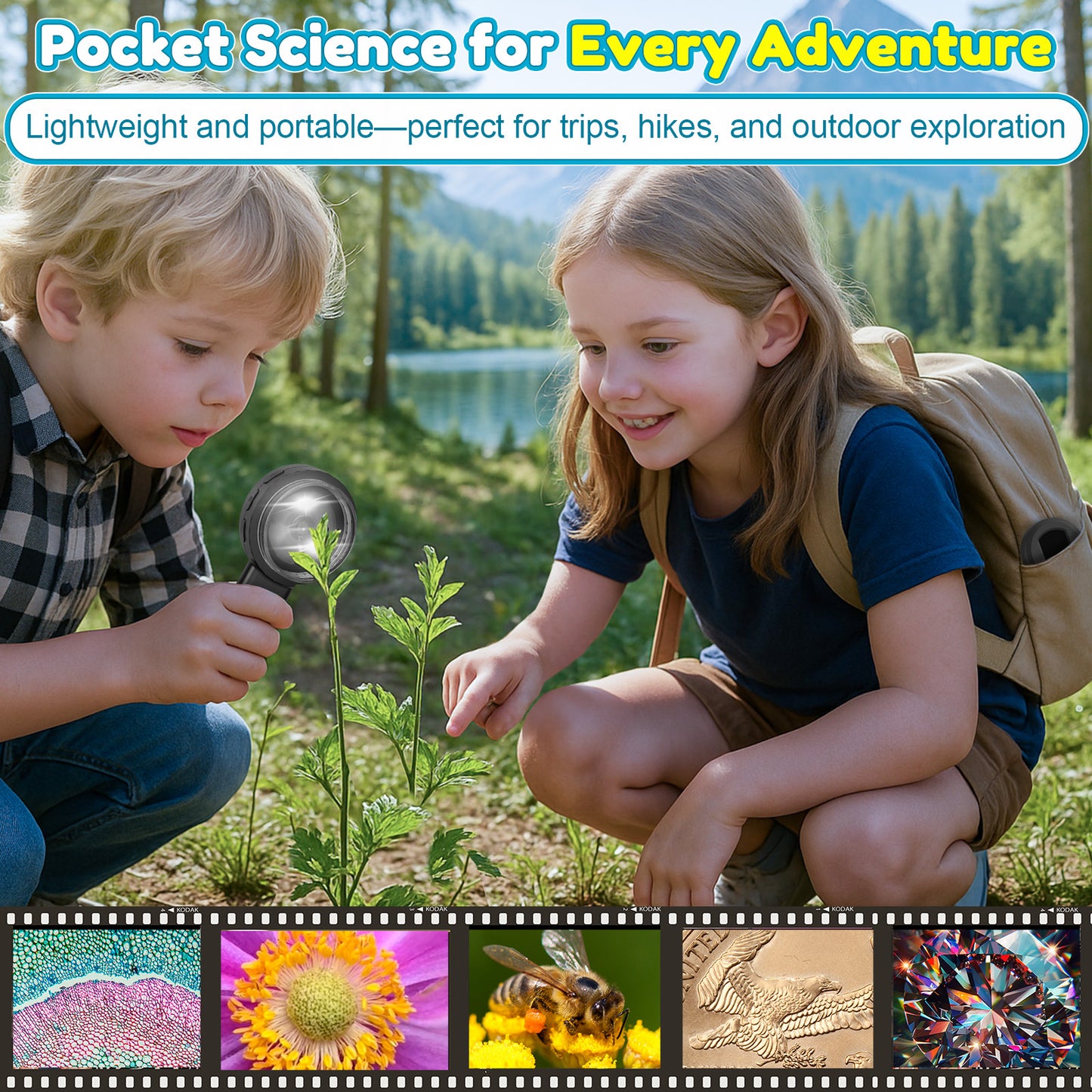 QUNSE 100X - 400X Digital Microscope for Kids, 2.0" IPS Display Handheld Science Tool with 8 LED Lights and 16MP Camera, Rechargeable Pocket Microscope, Black