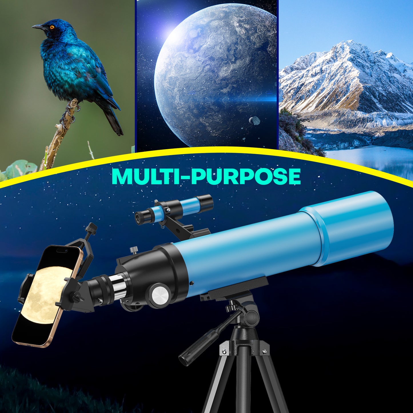 QUNSE Astronomy Telescope for Adults and Kids, 80mm Aperture 500mm Professional Refractor with 20X–150X Magnification, Aluminum Tripod, Backpack and Phone Adapter for Lunar and Planetary Observation