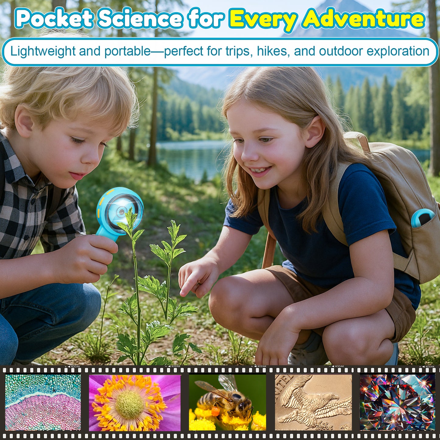 QUNSE Digital Microscope for Kids, 2.0" IPS Screen 100X - 400X Handheld STEM Science Toy with 8 LED Lights, Rechargeable Mini Pocket Microscope for Boys and Girls, Blue