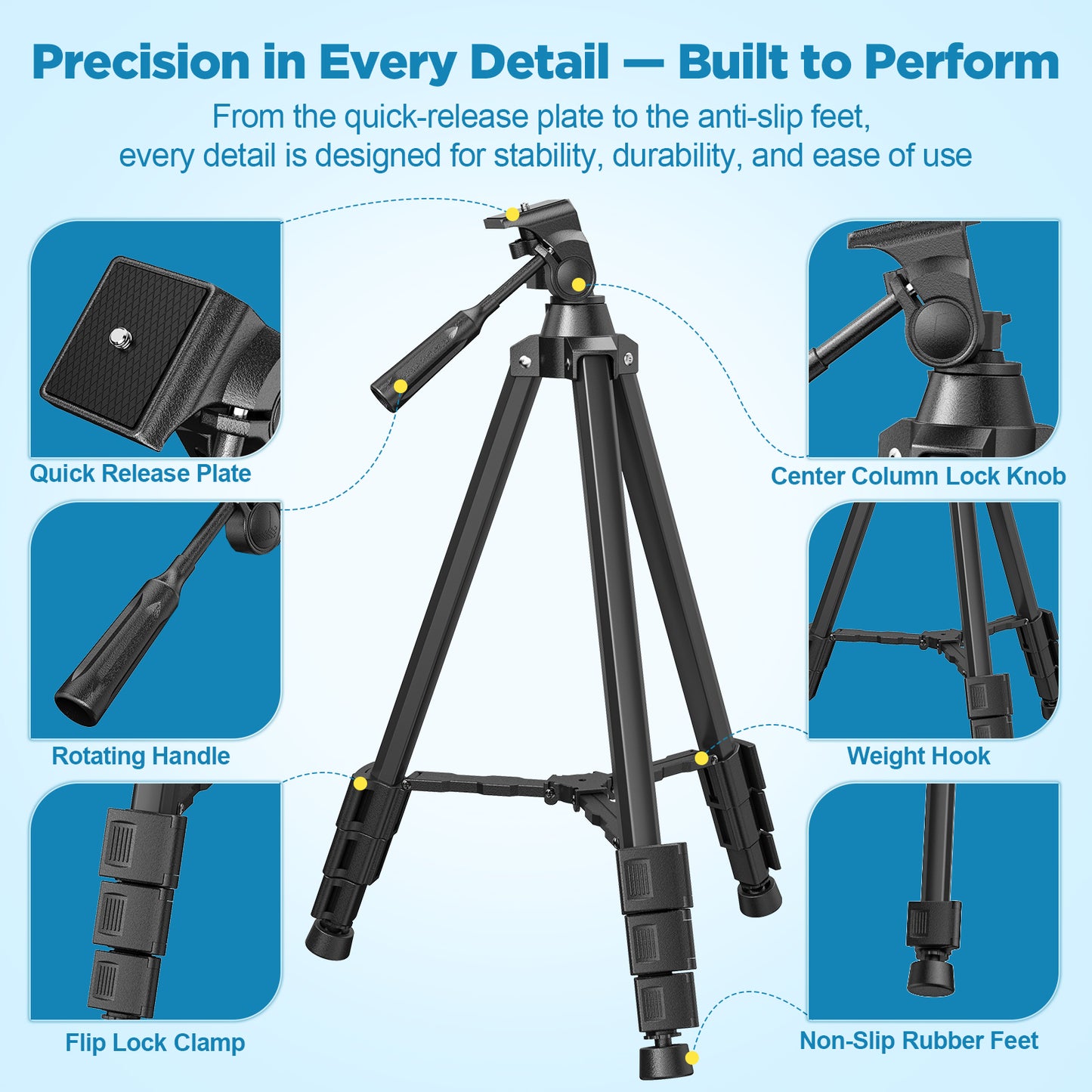 QUNSE 52" Aluminum Camera Tripod, Lightweight Travel Tripod for Camera & Phone with 360° Pan/180° Tilt Fluid Head, 4-Section Quick Release Stand with Universal 1/4" Screw