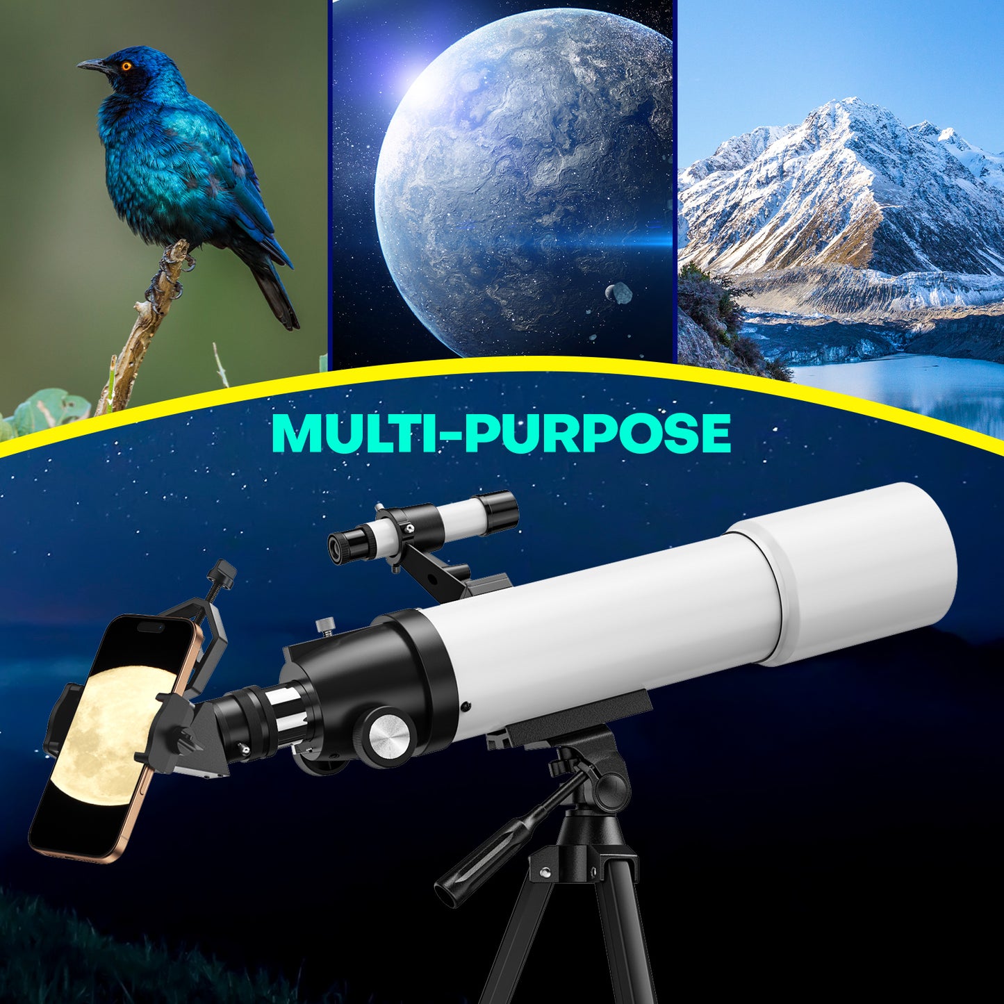 QUNSE Telescope for Adults and Beginners Astronomy, 90mm Aperture 500mm Professional Refractor with 20X–150X Magnification, Phone Adapter, Aluminum Tripod and Backpack for Moon and Planet