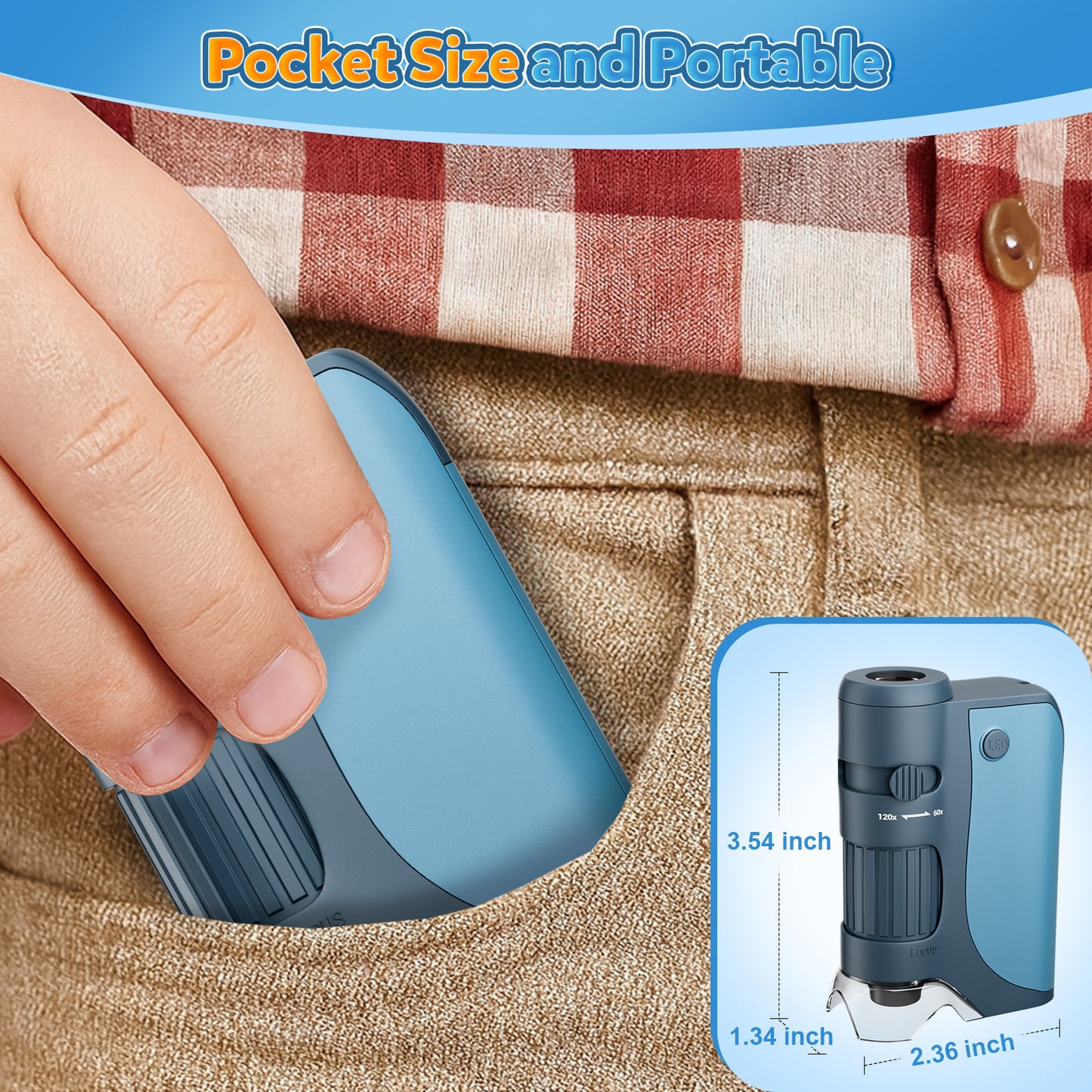 QUNSE Pocket Microscope 60X–120X True Optical, Achromatic Lens, LED and UV Light, Portable Handheld Kids Microscope for Students with 5 Prepared Slides, Phone Adapter, Carrying Bag (Blue)