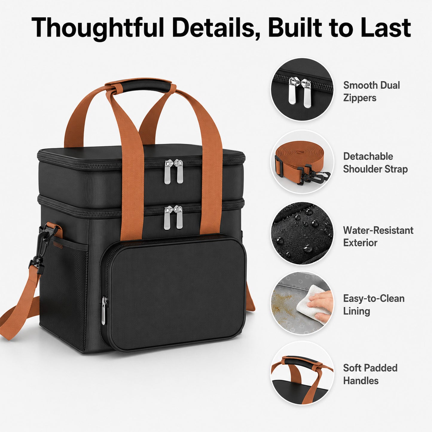 QUNSE Cooler Bag, 17L Dual-Layer Insulated Lunch Bag with Leakproof PEVA Lining, Soft Cooler Bag with Shoulder Strap for Lunch Box, Work, Picnic, Camping, Beach, Road Trip, Black
