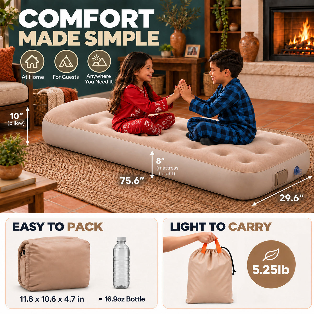 Inflatable Air Mattress, 10'' Extra Thick Pillow, 441 lbs Weight Capacity & Built‑in Rechargeable Pump, Blow Up Mattress for Tent, Camping, Cot, Car (Twin)