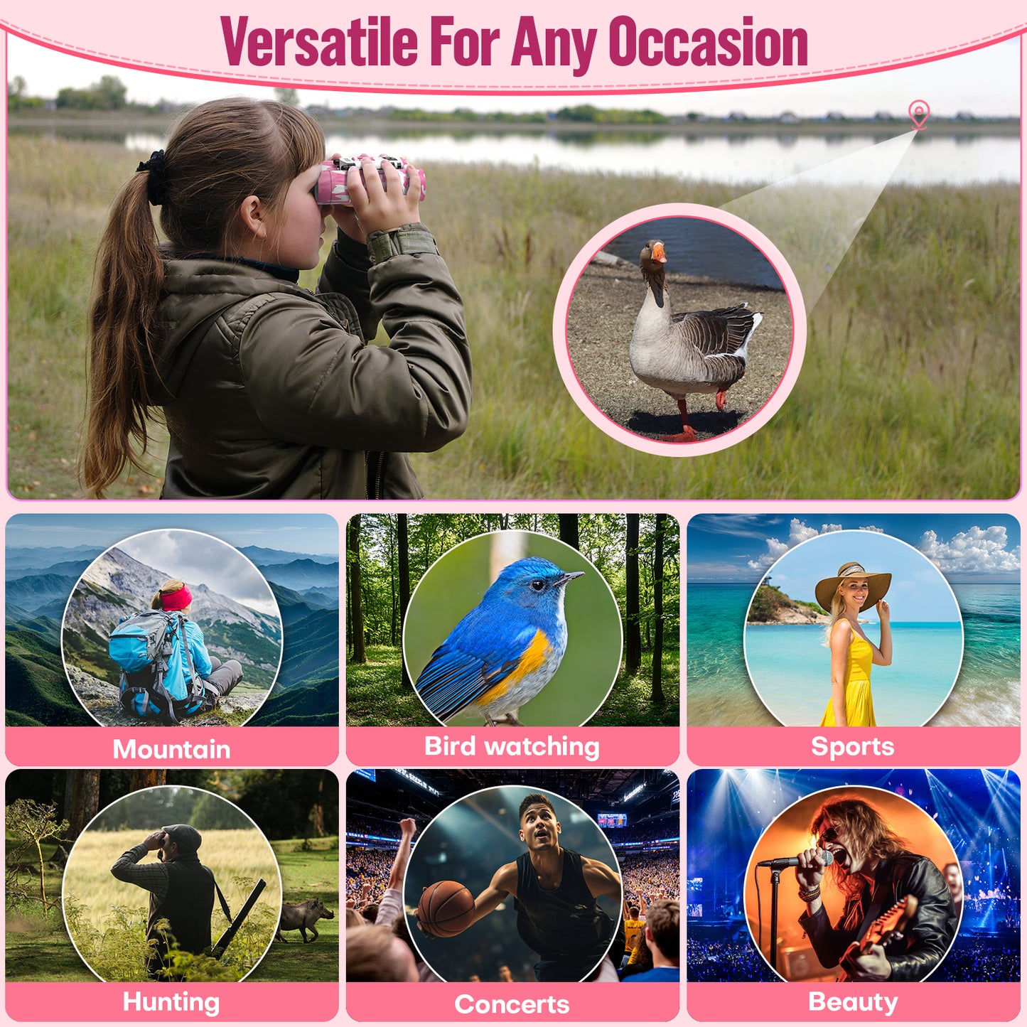 QUNSE Compact Binoculars for Kids and Adults, 8×21 Mini Pocket Binoculars, Ideal for Bird Watching, Travel, and Hunting, Great Gift for Boys and Girls (Pink and white)