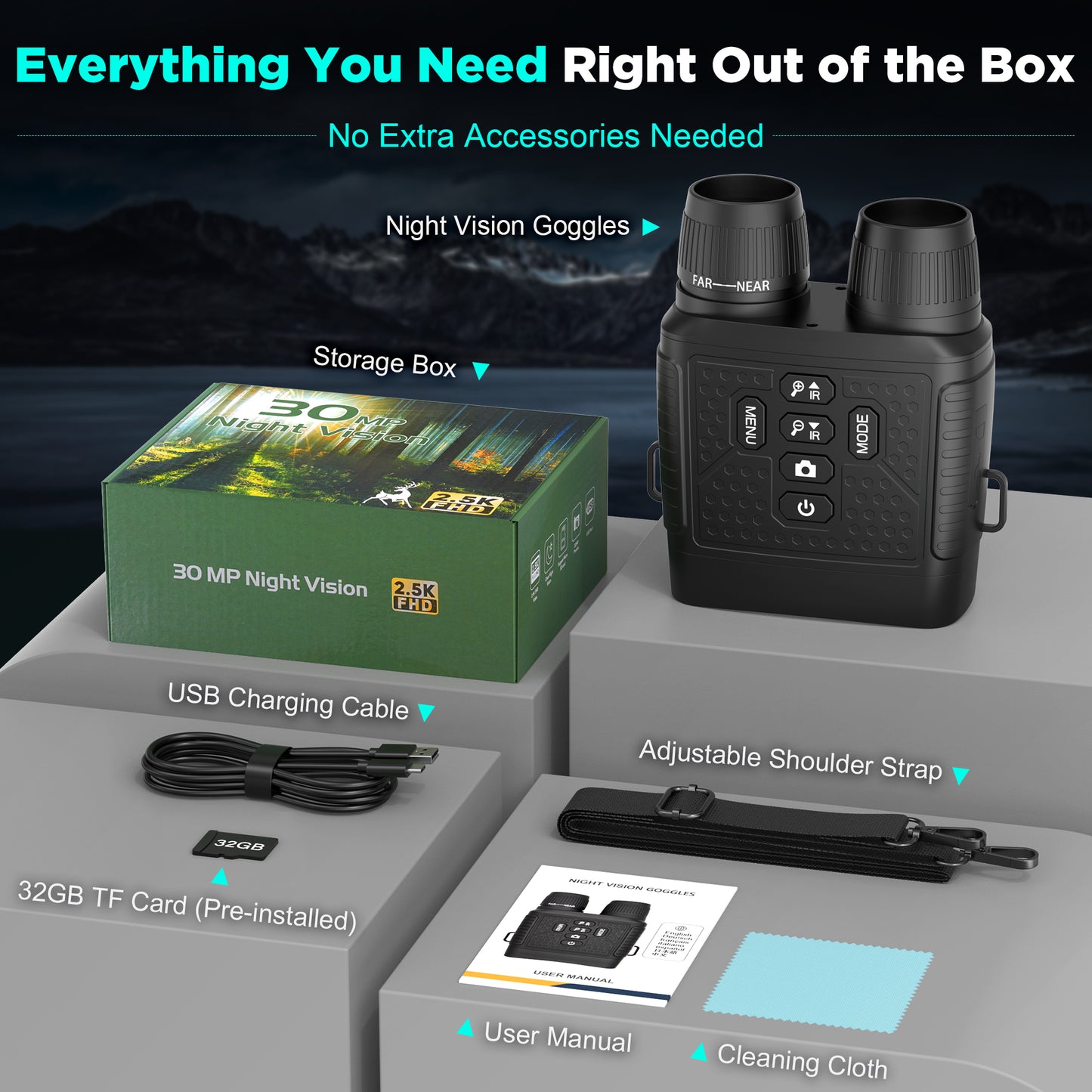 QUNSE Night Vision Goggles for Adults, 30MP 2.5K Night Vision Binoculars with 656FT Range, 7-Level IR, 6X Zoom, 3" HD Screen, Rechargeable for Hunting, Camping & Security
