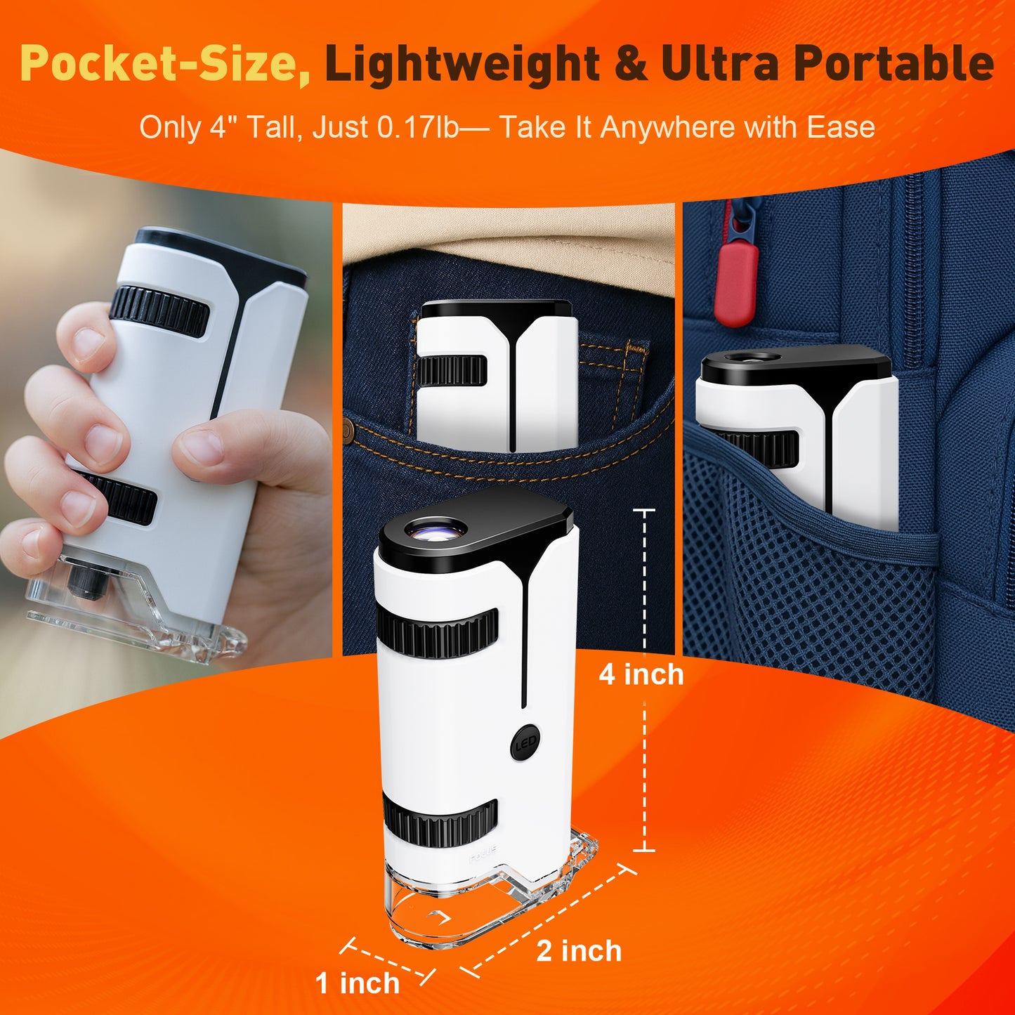 QUNSE Pocket Microscope 100x–250x, LED and UV Light, Portable Handheld Mini Microscope for Kids and Students, Semi-Apochromatic Optics, Phone Adapter, 5 Prepared Slides, EVA Case, White