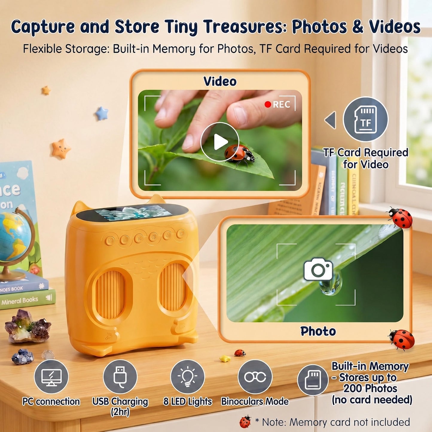 QUNSE Binoculars for Kids with 2.0" IPS Screen, 2-in-1 Digital Binoculars and Microscope with 2MP Camera, 8 LED Lights, Photo Video, 15 Slides, Rechargeable STEM Toy for Outdoor Exploration