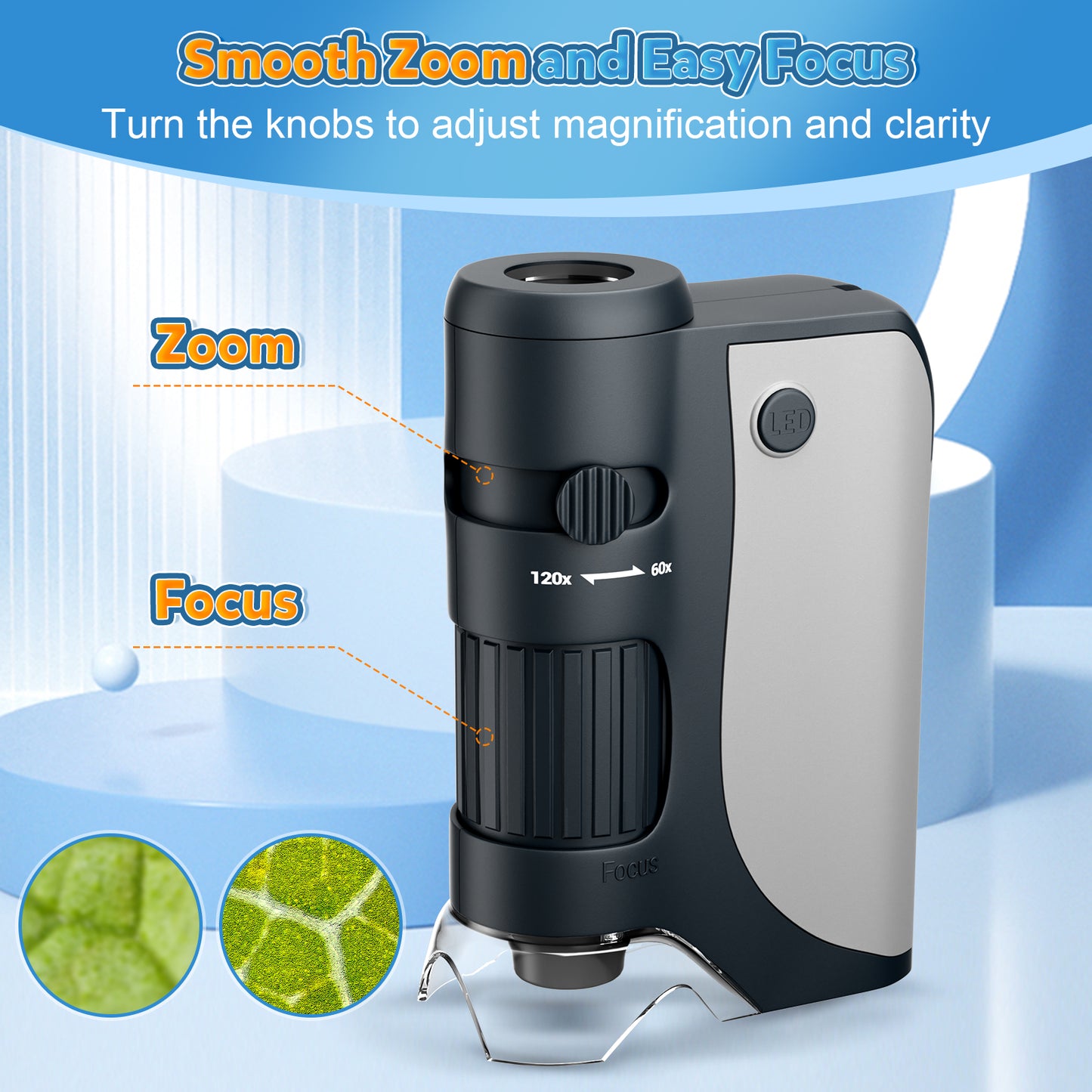 QUNSE Pocket Microscope for Kids and Students with Achromatic Lens, LED and UV Light, Portable Handheld Microscope Kit with 5 Prepared Slides, Carrying Bag, Gift Set (Gray)