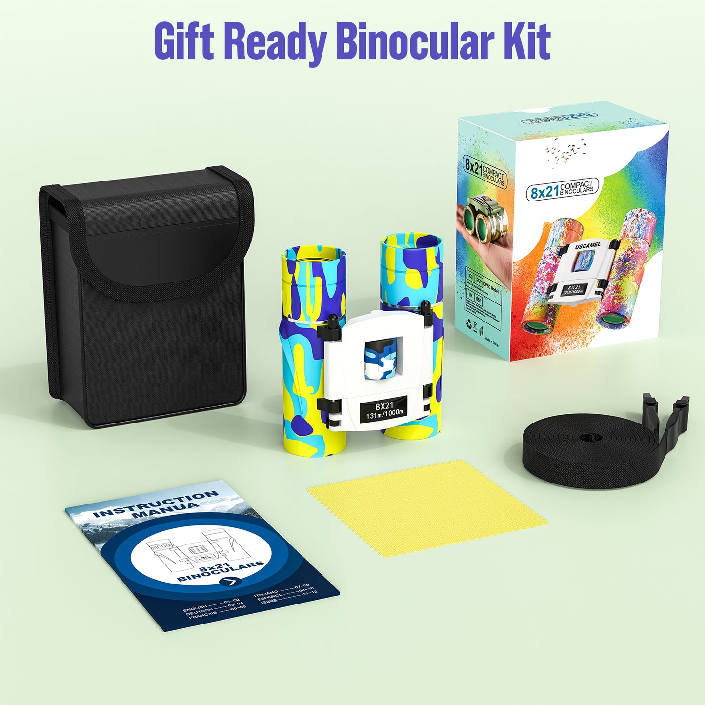 QUNSE 8×21 Compact Binoculars for Kids and Adults, Pocket Mini Binoculars, Ideal for Bird Watching, Travel, and Hunting, Great Gift for Boys and Girls (Yellow and blue)