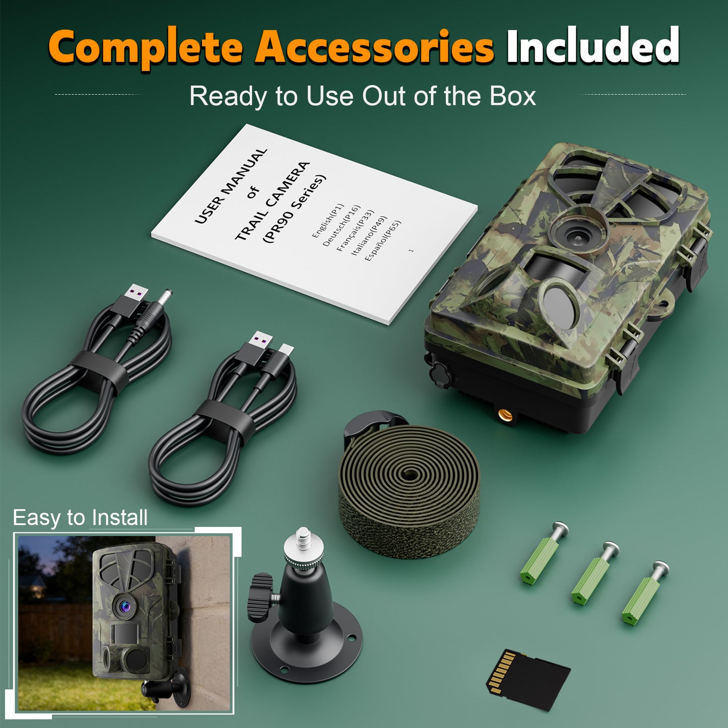 QUNSE Trail Camera, WiFi Bluetooth 60MP/8K Game Camera with 0.2s Trigger, No-Glow Night Vision 65ft, 120° Wide Angle, IP66 Waterproof, 2" Screen, 32GB SD Card Included
