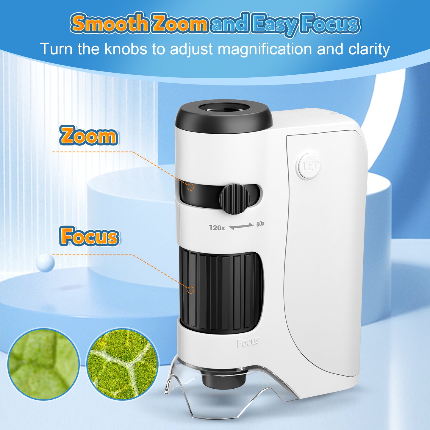 QUNSE Pocket Microscope for Kids and Students with Achromatic Lens, LED and UV Light, Portable Handheld Microscope Kit with 5 Slides, Carrying Bag (White)
