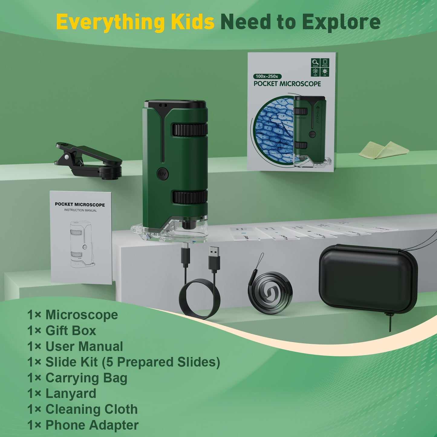QUNSE Pocket Microscope for Kids and Students, 100x–250x Portable Handheld with LED and UV, Semi-Apochromatic Optics, Phone Adapter and Prepared Slides, Green