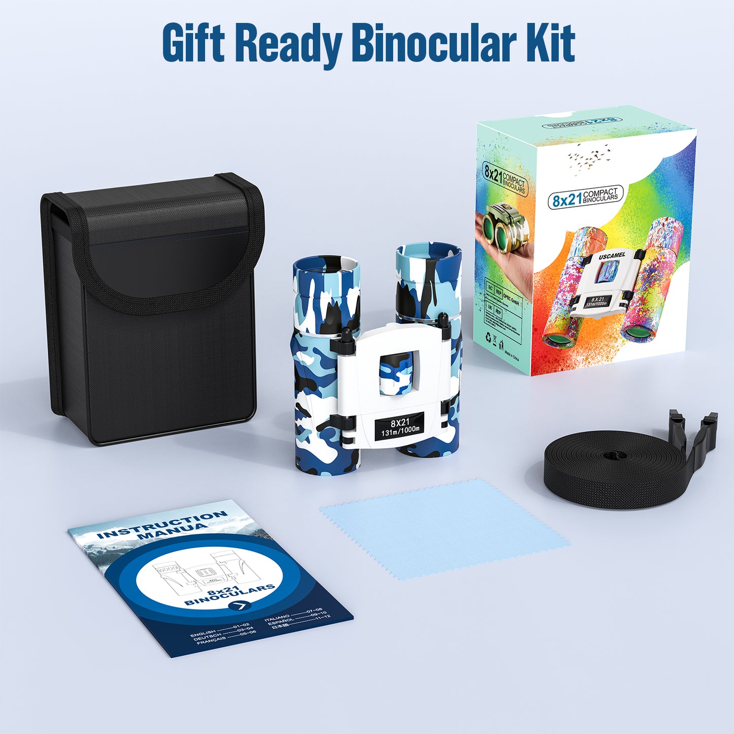 QUNSE 8×21 Mini Pocket Binoculars, Compact Binoculars for Kids and Adults, Ideal for Bird Watching, Travel, and Hunting, Great Gift for Boys and Girls (Blue and white)