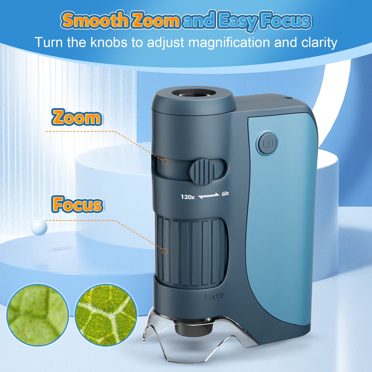 QUNSE Pocket Microscope 60X–120X True Optical, Achromatic Lens, LED and UV Light, Portable Handheld Kids Microscope for Students with 5 Prepared Slides, Phone Adapter, Carrying Bag (Blue)