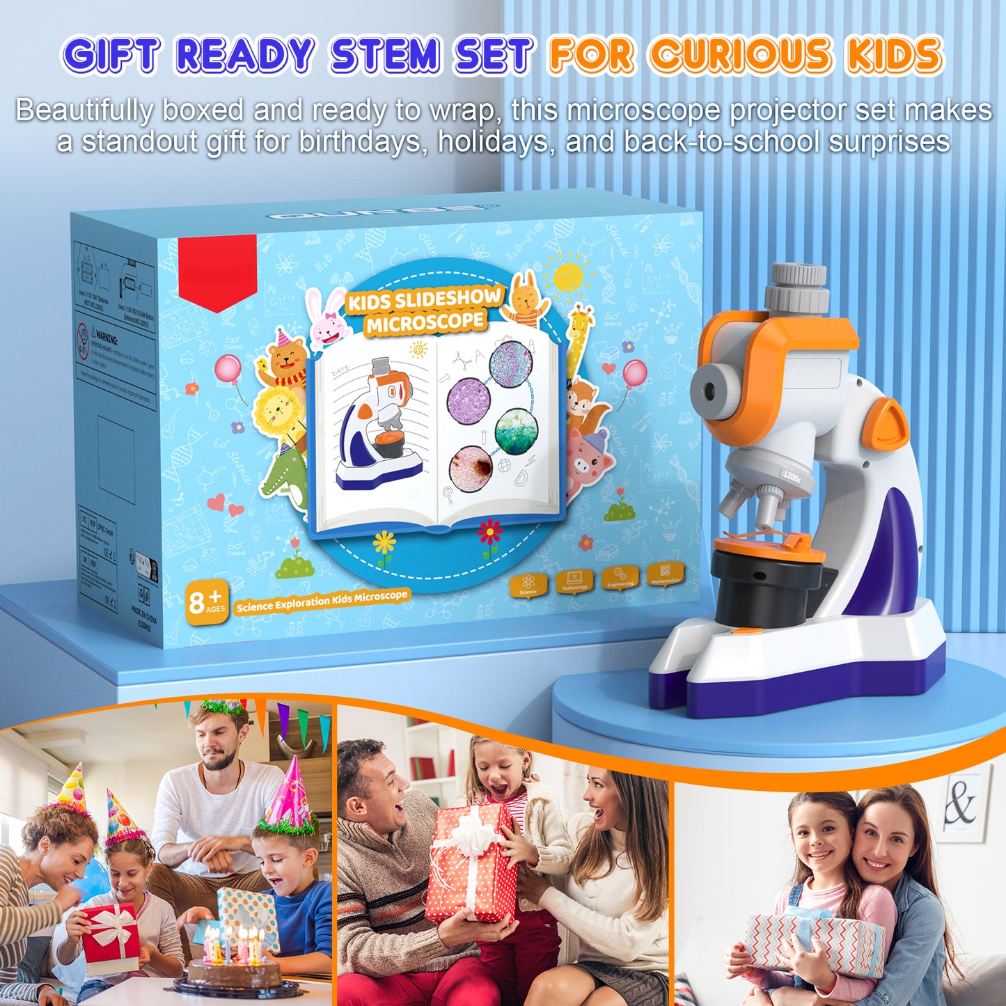 QUNSE Kids Microscope Projector Set with Dual Light, Large Focus Knobs, 20+ Accessories, STEM Science Kit, Standard Optical Microscope for Slides, Plants, Insects and DIY Experiments