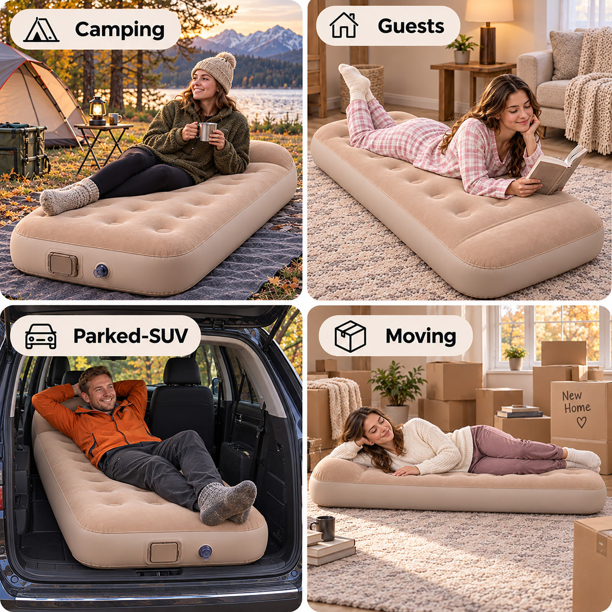 Inflatable Air Mattress, 10'' Extra Thick Pillow, 441 lbs Weight Capacity & Built‑in Rechargeable Pump, Blow Up Mattress for Tent, Camping, Cot, Car (Twin)