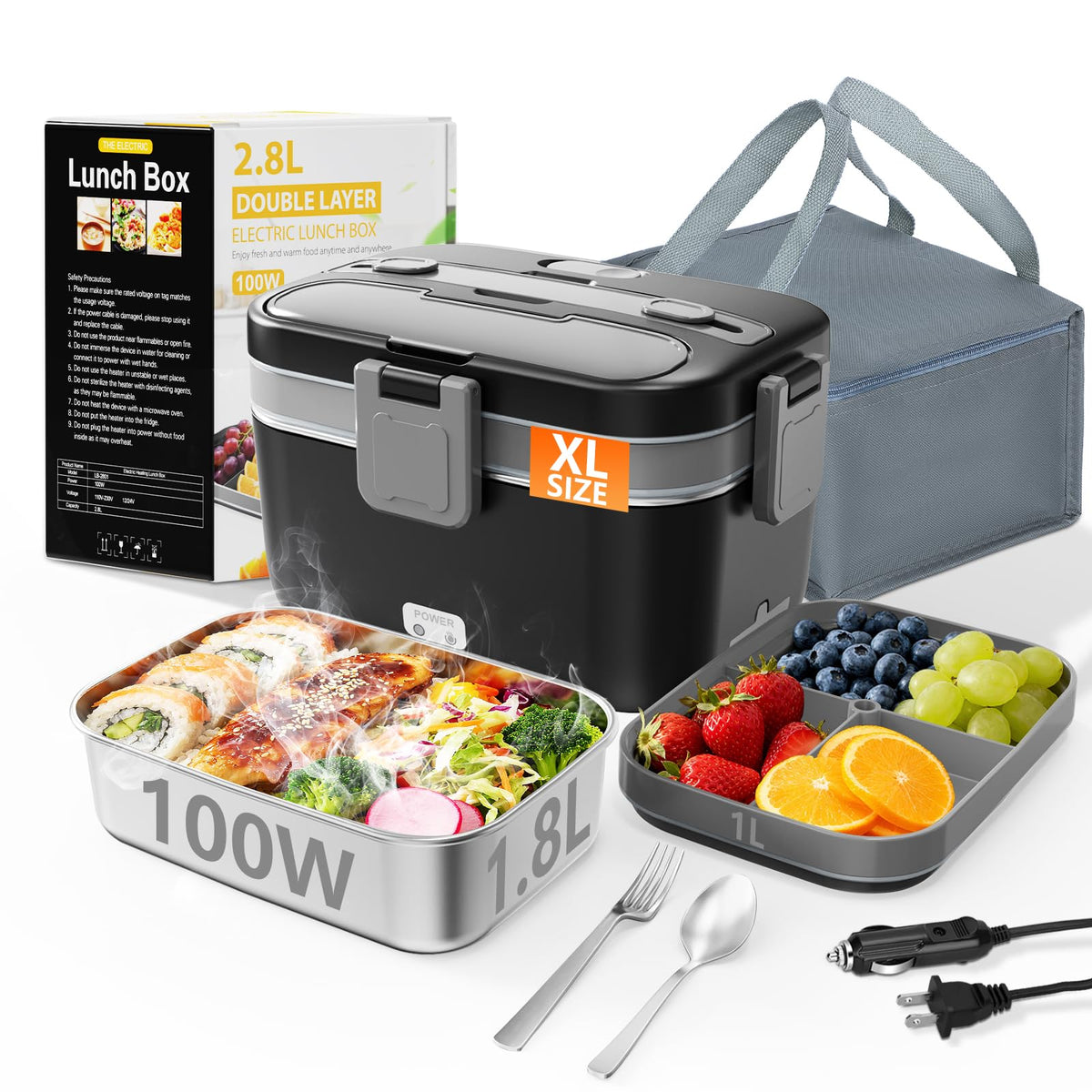 Heated Lunch Box, 95oz Split Large‑Capacity, 90W Fast Heating Portable Food Warmer for Truck Drivers, Golf & Outdoor Work