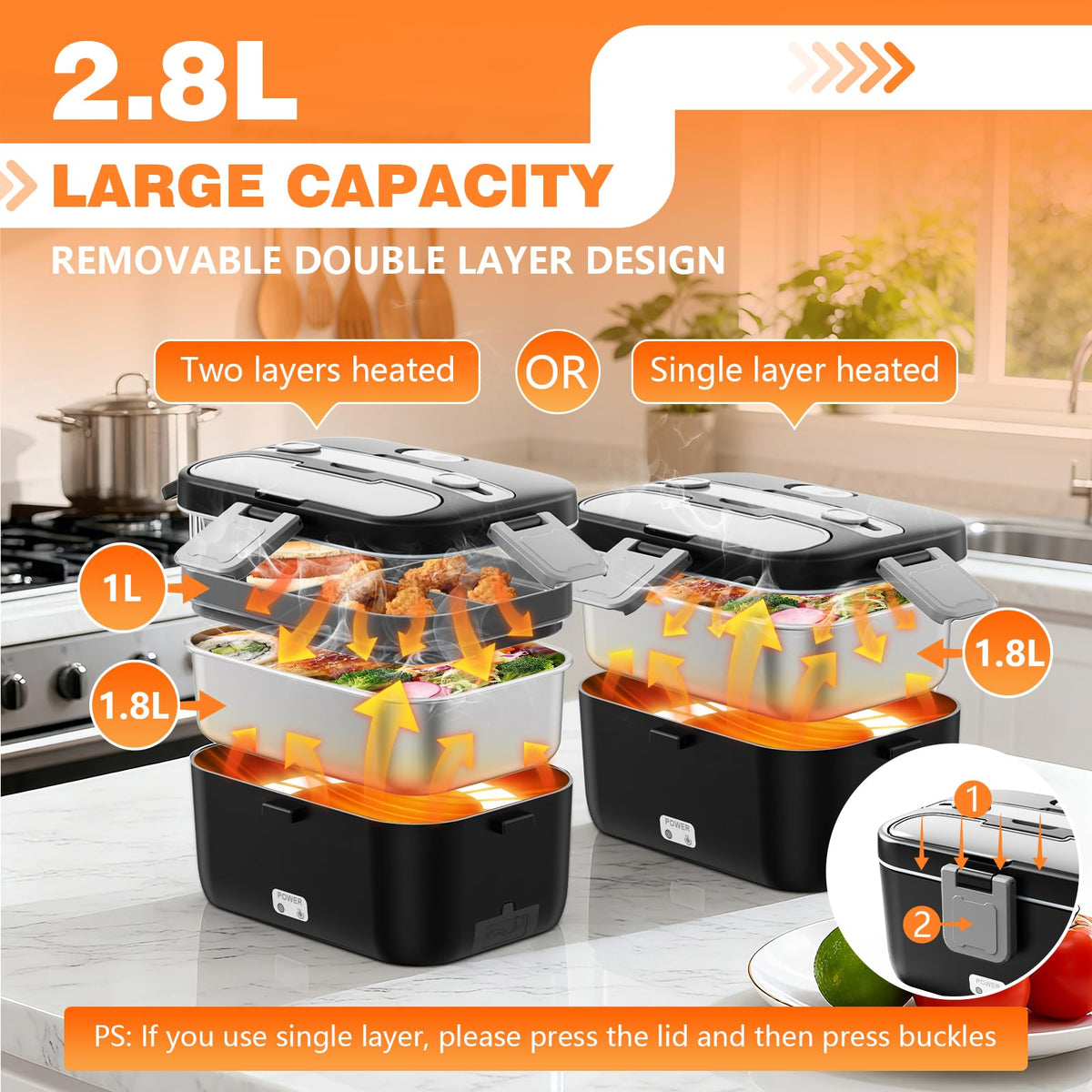 Heated Lunch Box, 95oz Split Large‑Capacity, 90W Fast Heating Portable Food Warmer for Truck Drivers, Golf & Outdoor Work