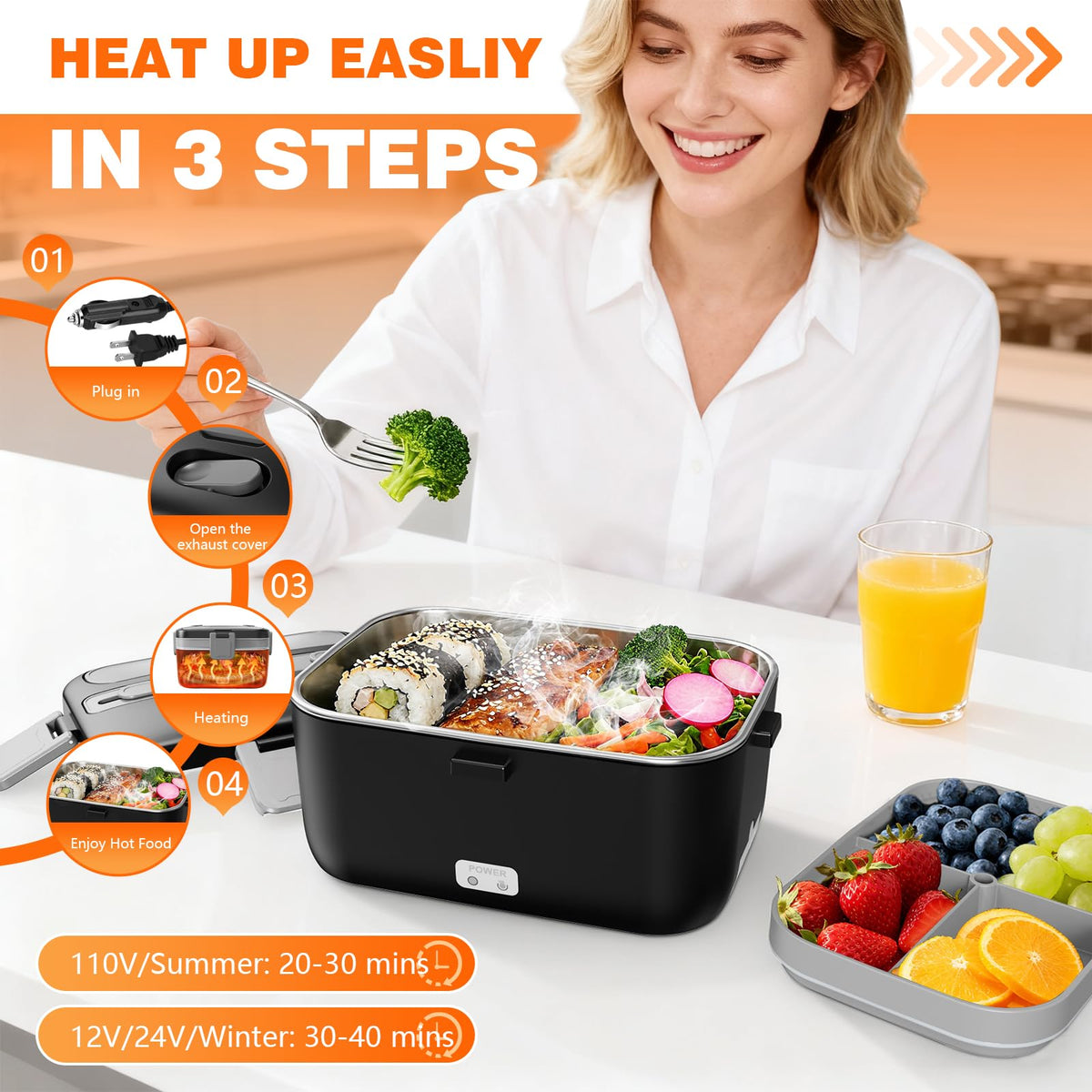Heated Lunch Box, 95oz Split Large‑Capacity, 90W Fast Heating Portable Food Warmer for Truck Drivers, Golf & Outdoor Work