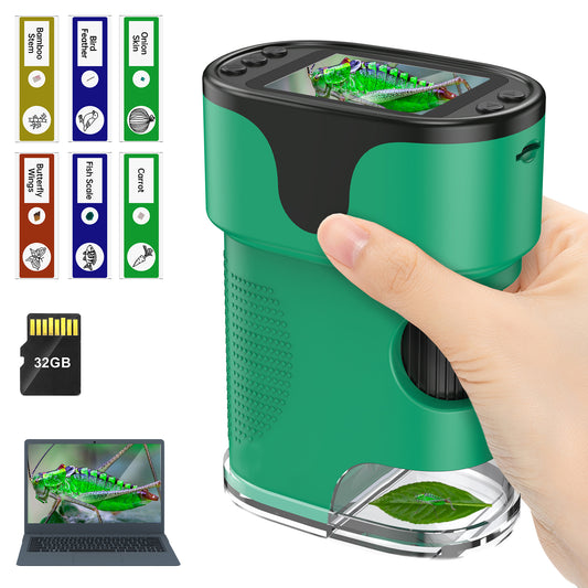 QUNSE Kids Microscope 1000X with 4K Screen, Portable Science Kit with Slides for Kids, Rechargeable Digital Handheld Pocket Microscope (Green)